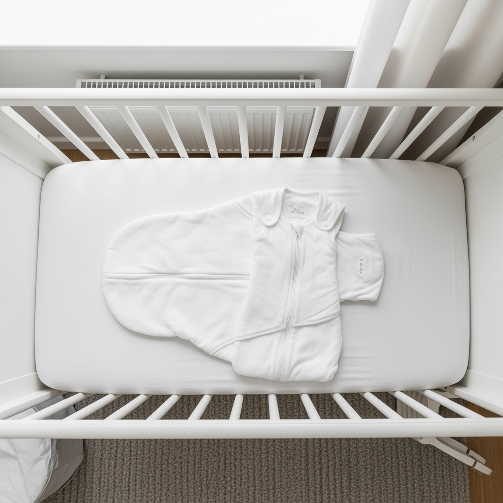 An overhead view of a neatly prepared crib with a sleep sack laid out, symbolizing readiness for sleep training.