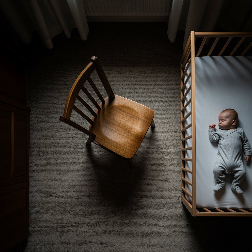An overhead view of a nursery with a chair placed a few feet from the baby's crib, illustrating the space and parental presence in the Chair Method.