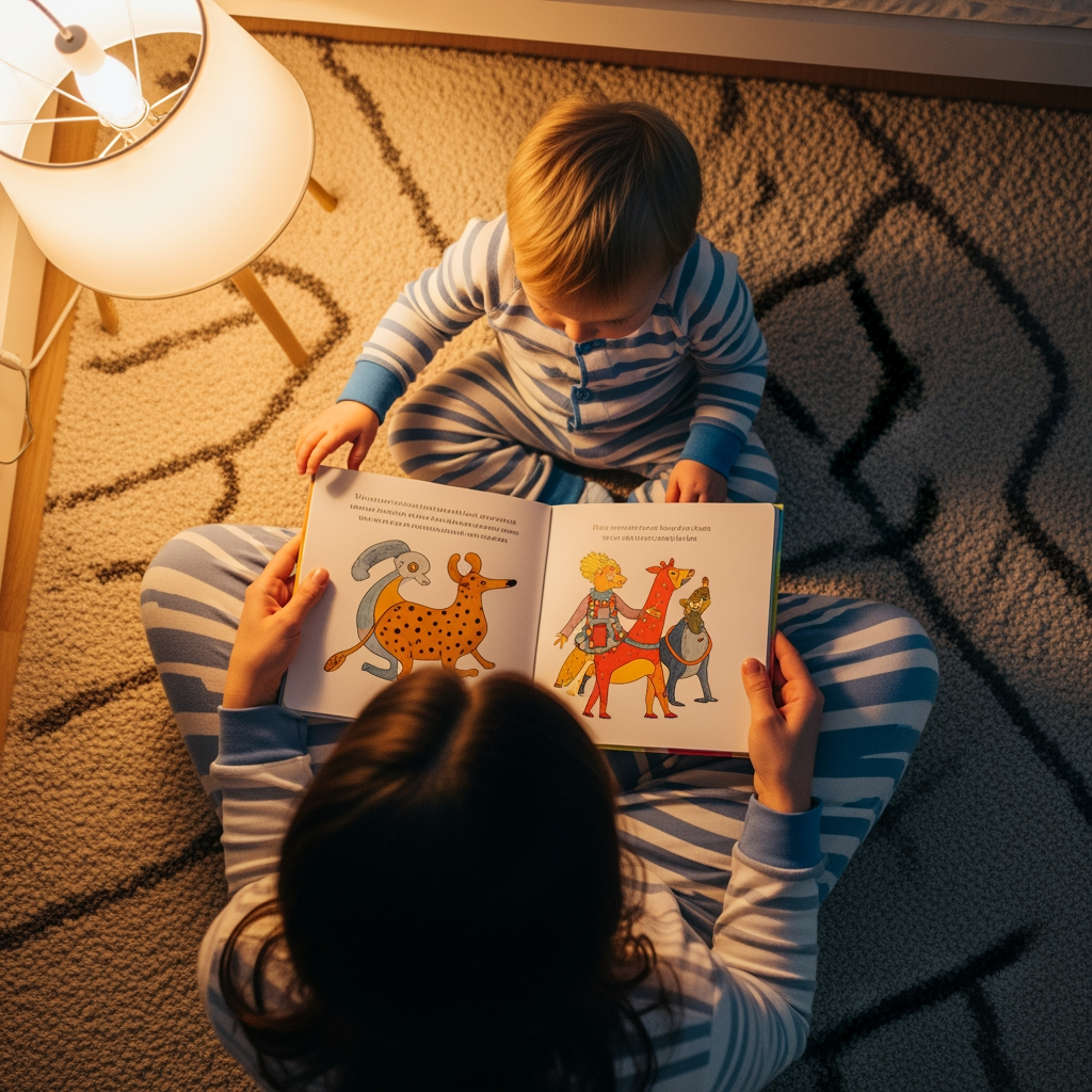 An overhead view of a parent reading a picture book to their toddler on the floor as part of a calming bedtime routine.
