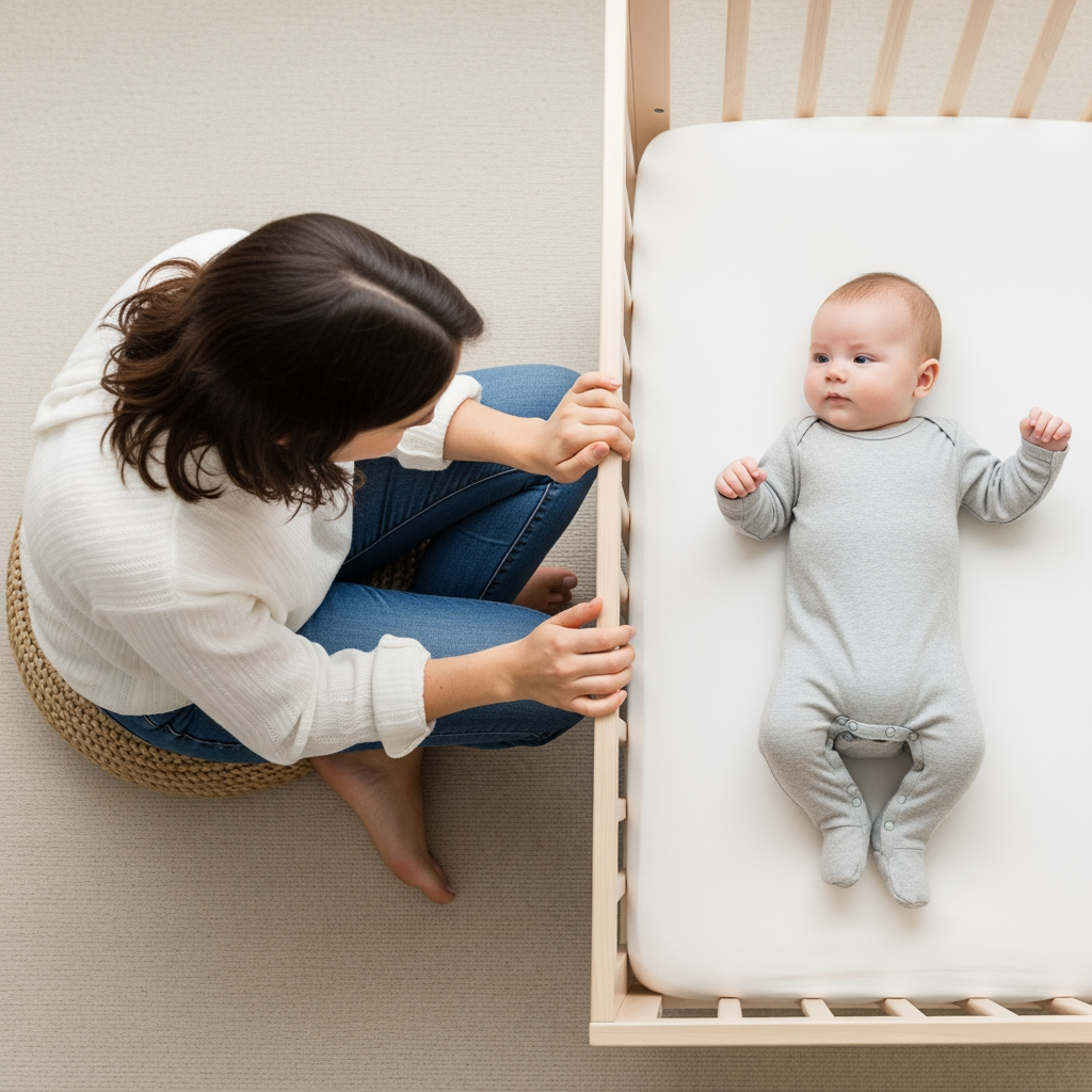 An overhead view of a parent sitting calmly next to their baby's crib, providing gentle, reassuring support without lifting them.