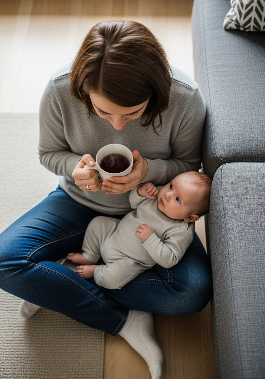 An overhead view of a parent sitting on the floor, finding a quiet moment to drink from a mug.