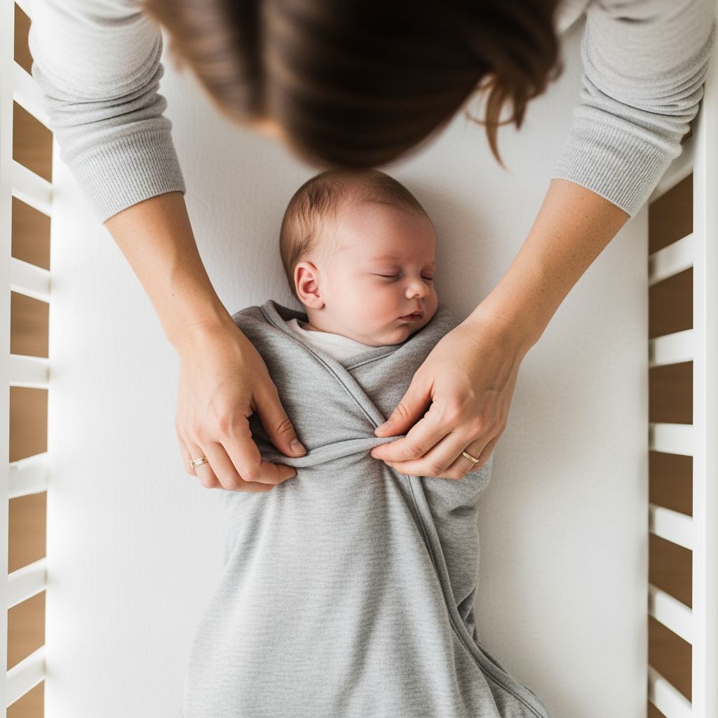 An overhead view of a parent's hands gently adjusting the sleep sack on a sleeping baby in a crib.