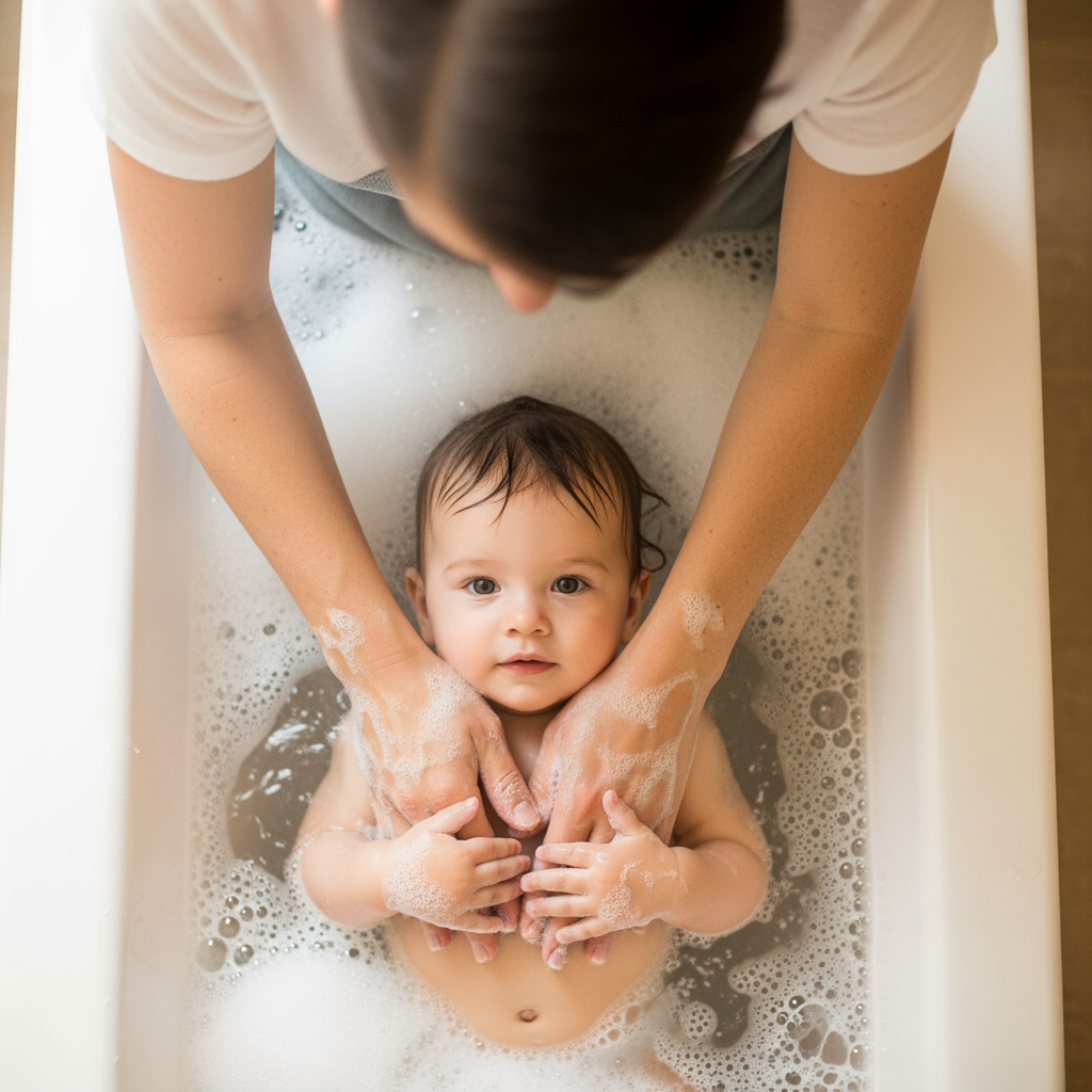 An overhead view of a parent's hands gently bathing a calm toddler, representing a foundational step in a bedtime routine.