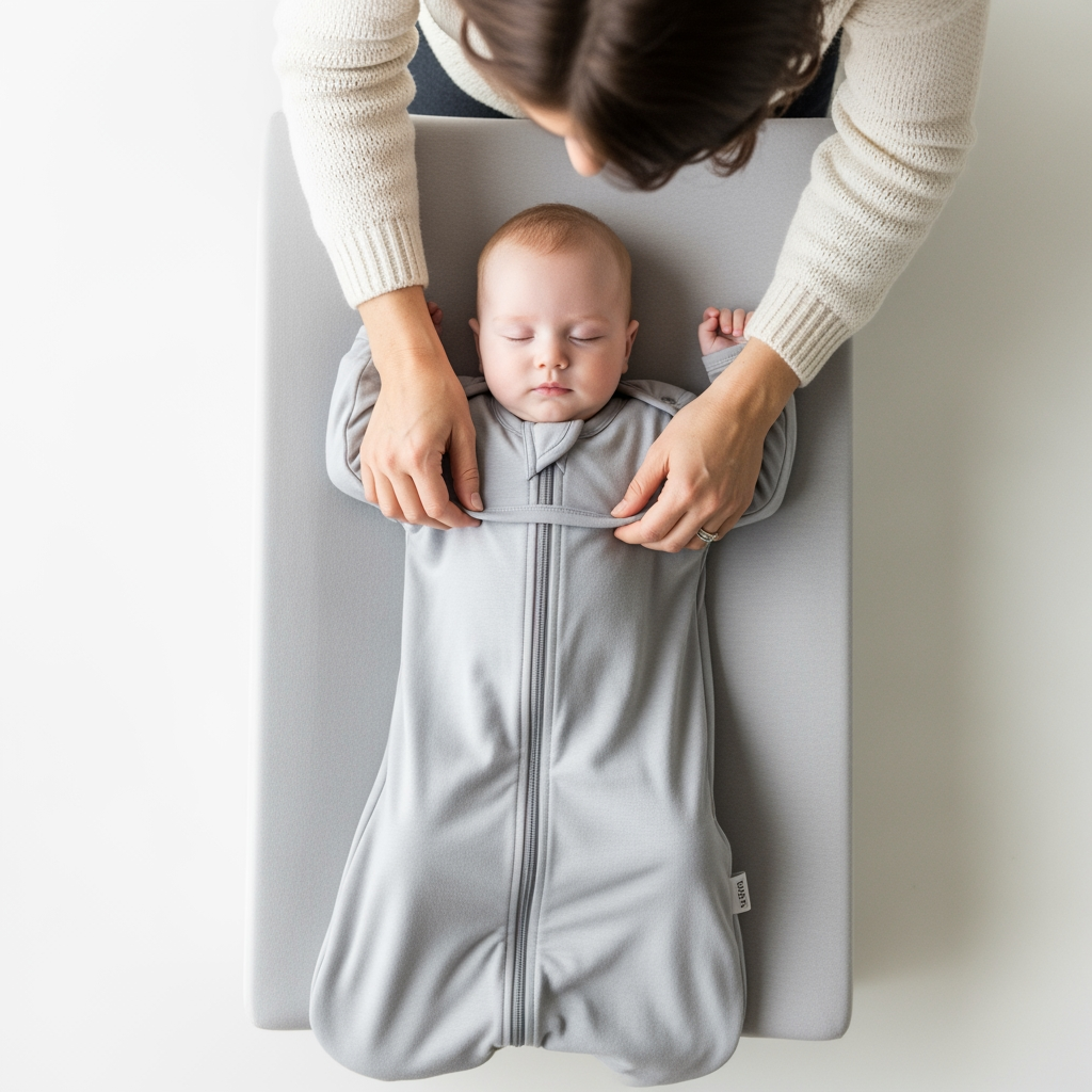An overhead view of a parent's hands gently putting a baby into a sleep sack as part of a calm nap routine.
