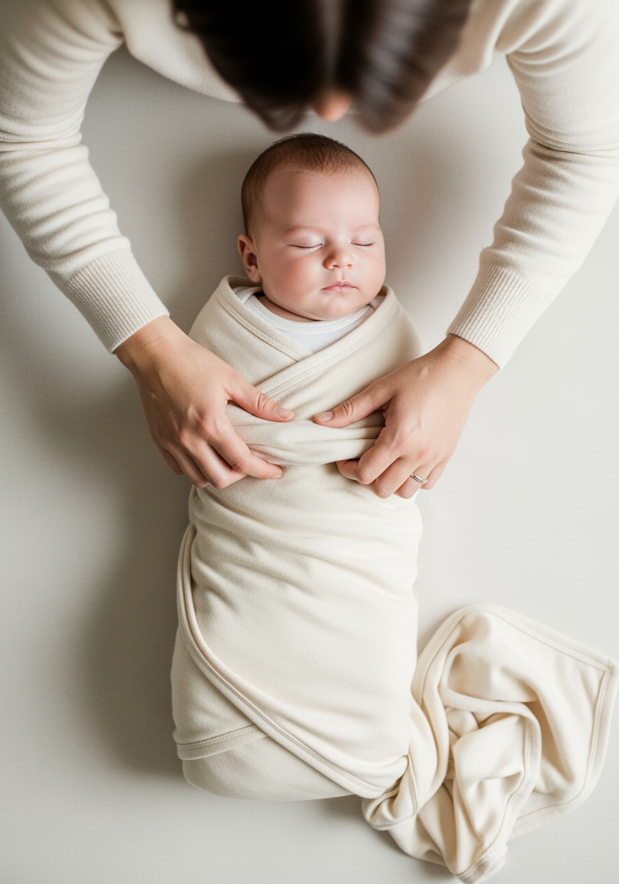 An overhead view of a parent's hands gently wrapping a baby in a soft swaddle blanket.