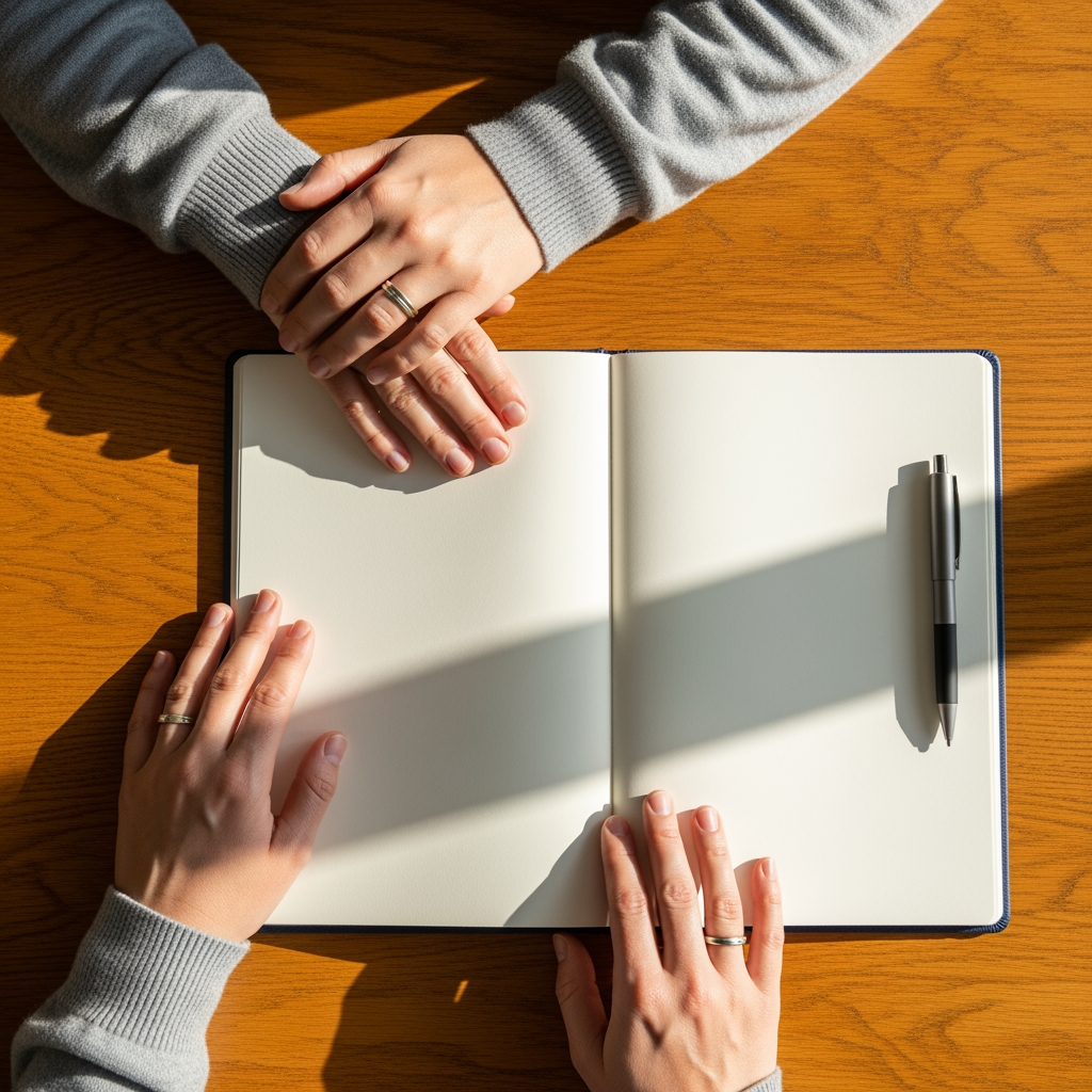 An overhead view of a person's hands next to a blank journal and pen, preparing to make a plan.