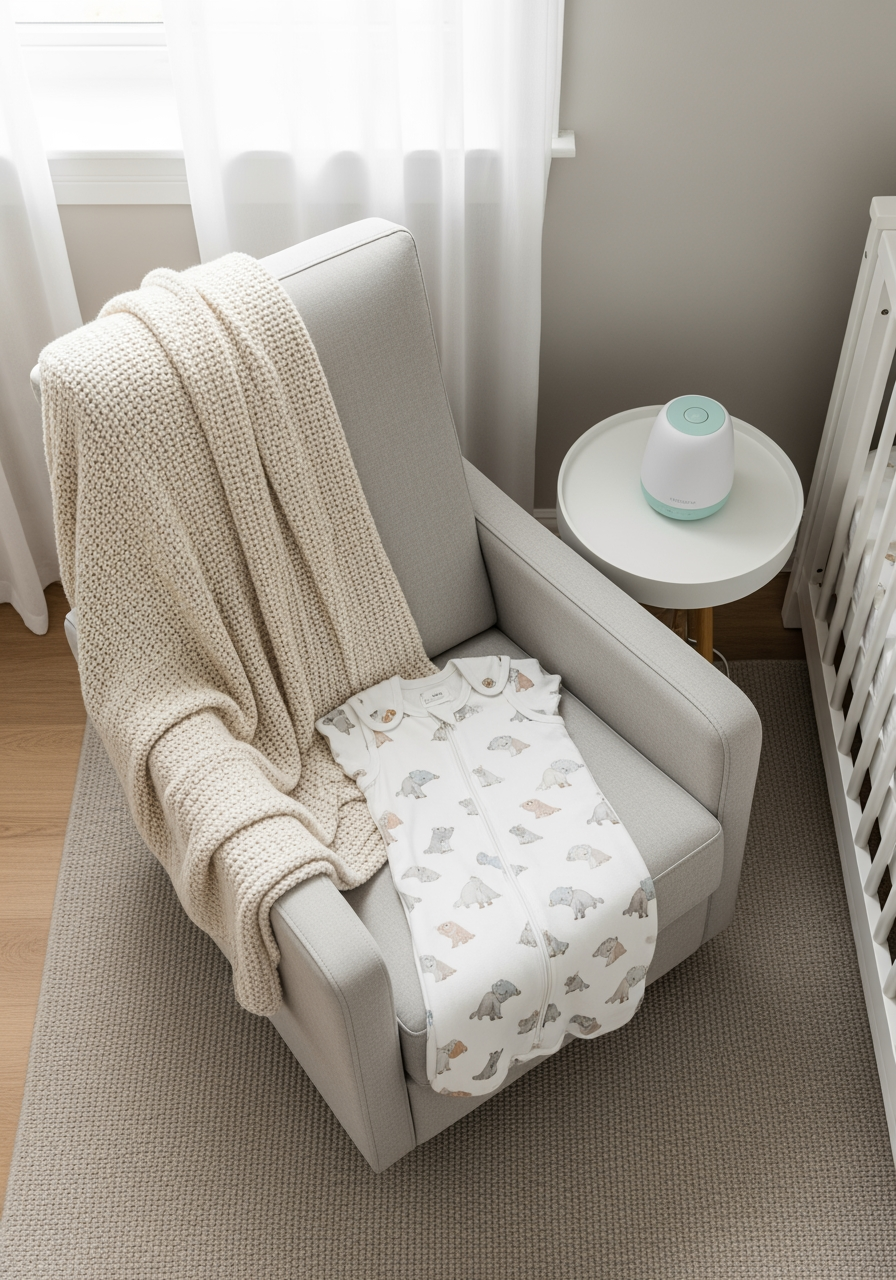 An overhead view of a prepared nursery corner with a chair, blanket, and sleep sack, representing preparation for sleep training.