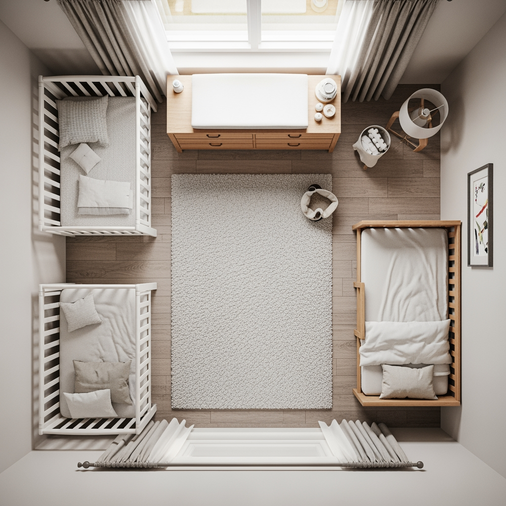 An overhead view of a shared nursery, showing the strategic layout of a crib and a toddler bed on opposite sides of the room.
