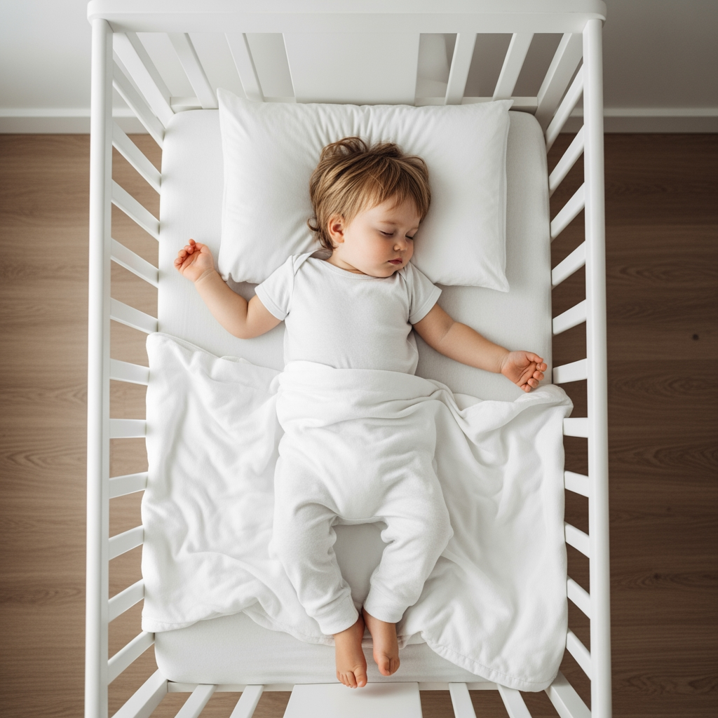 An overhead view of a toddler sleeping peacefully in a crib during a single midday nap.