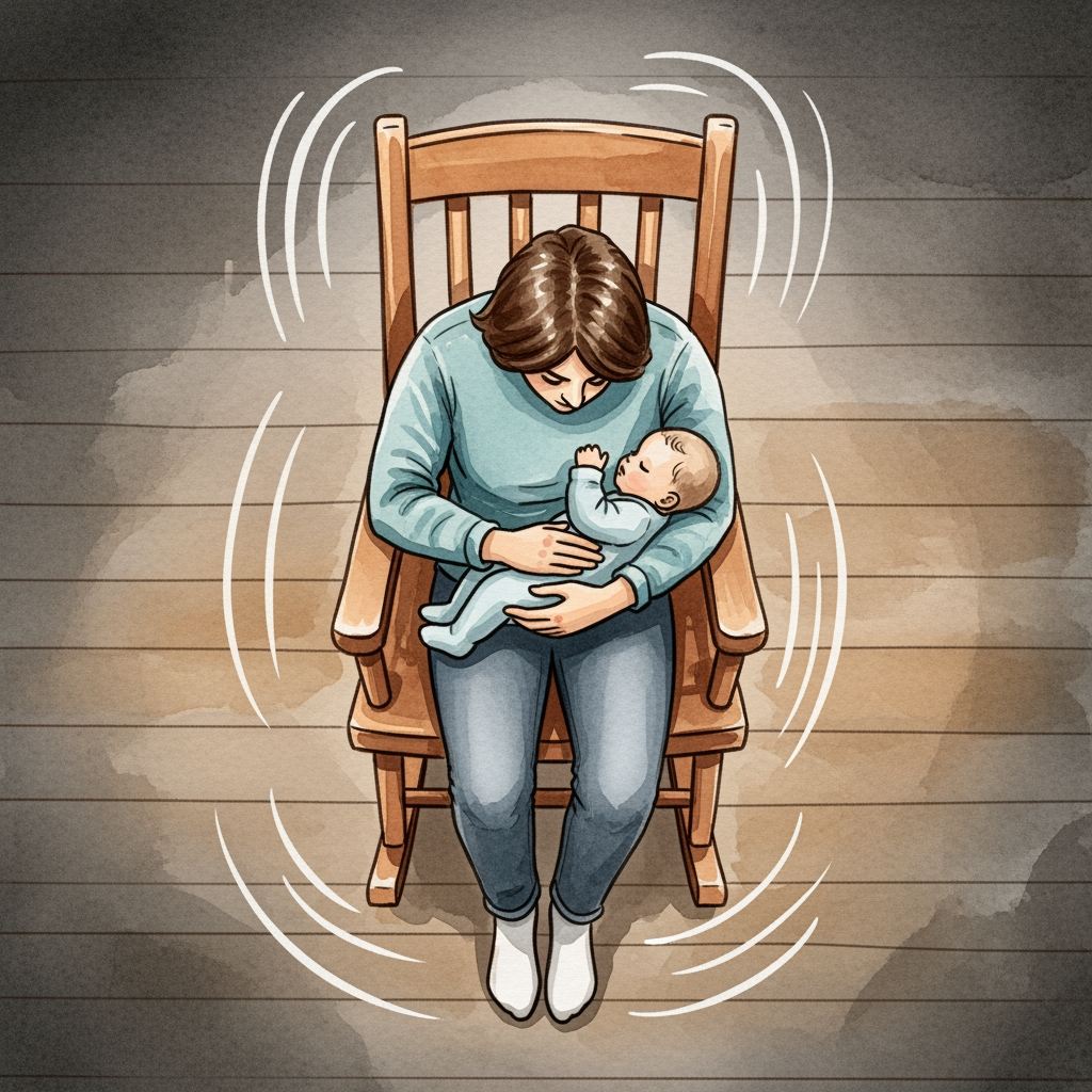 An overhead watercolor painting showing a tired parent rocking a baby in a dark room, illustrating the exhaustion of the 'rocking trap'.