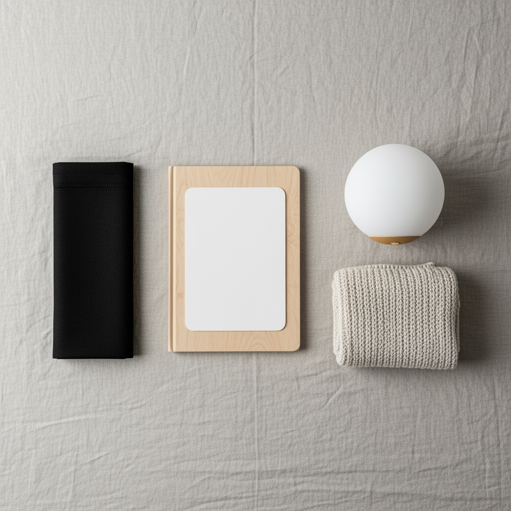 Overhead view of four items on a linen surface: a blackout curtain swatch, a plain book, a small lamp, and a soft blanket, representing sleep pillars.