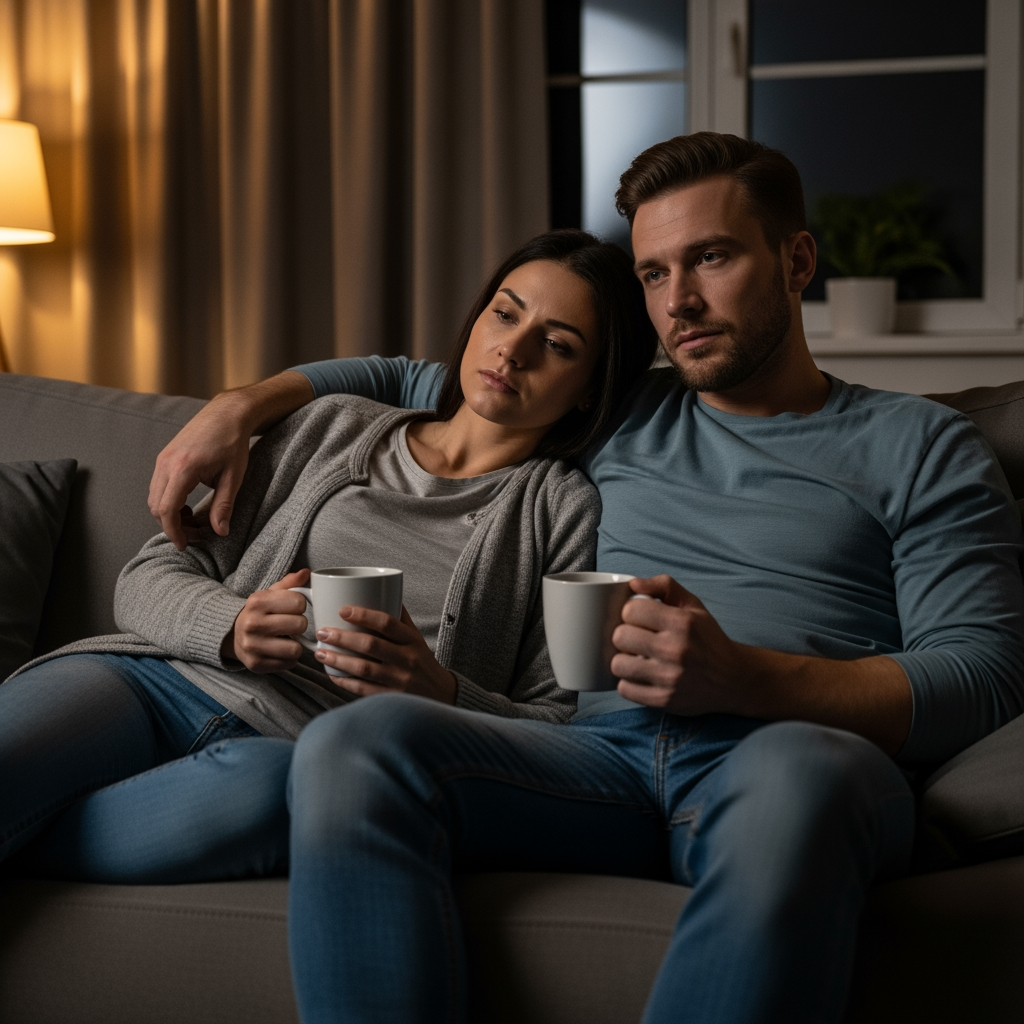 Two tired parents comfort each other on a sofa late at night, highlighting the importance of partner support during a sleep regression.