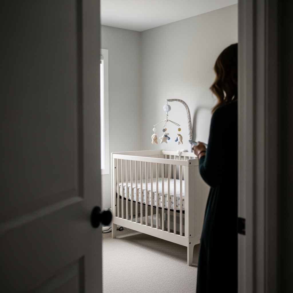 View from a nursery doorway looking in at the crib, showing a parent's perspective during a graduated check.