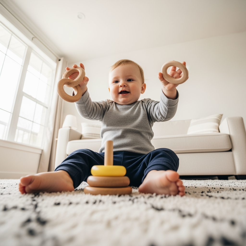 Viewed from a low angle, a happy toddler plays energetically with simple toys on a rug.