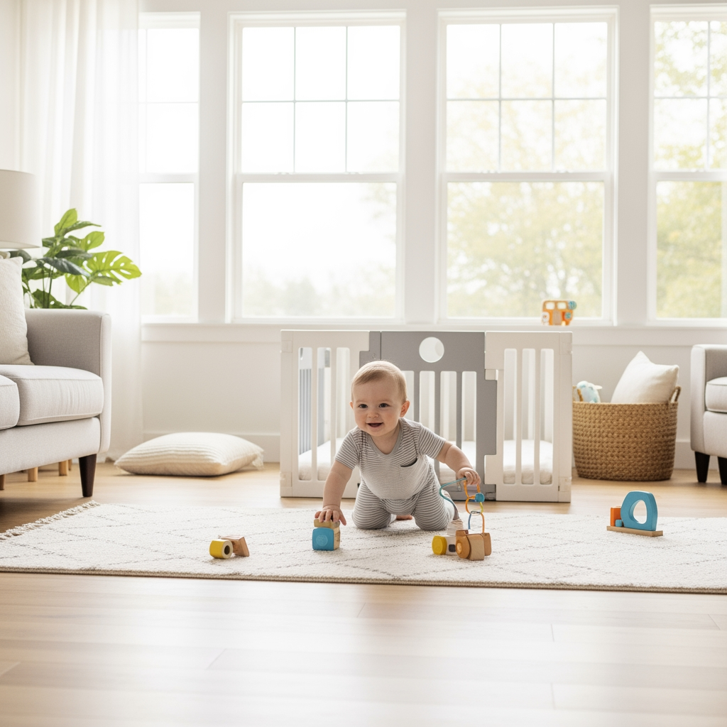 A baby full of energy crawls happily across a sunlit play mat, surrounded by toys.