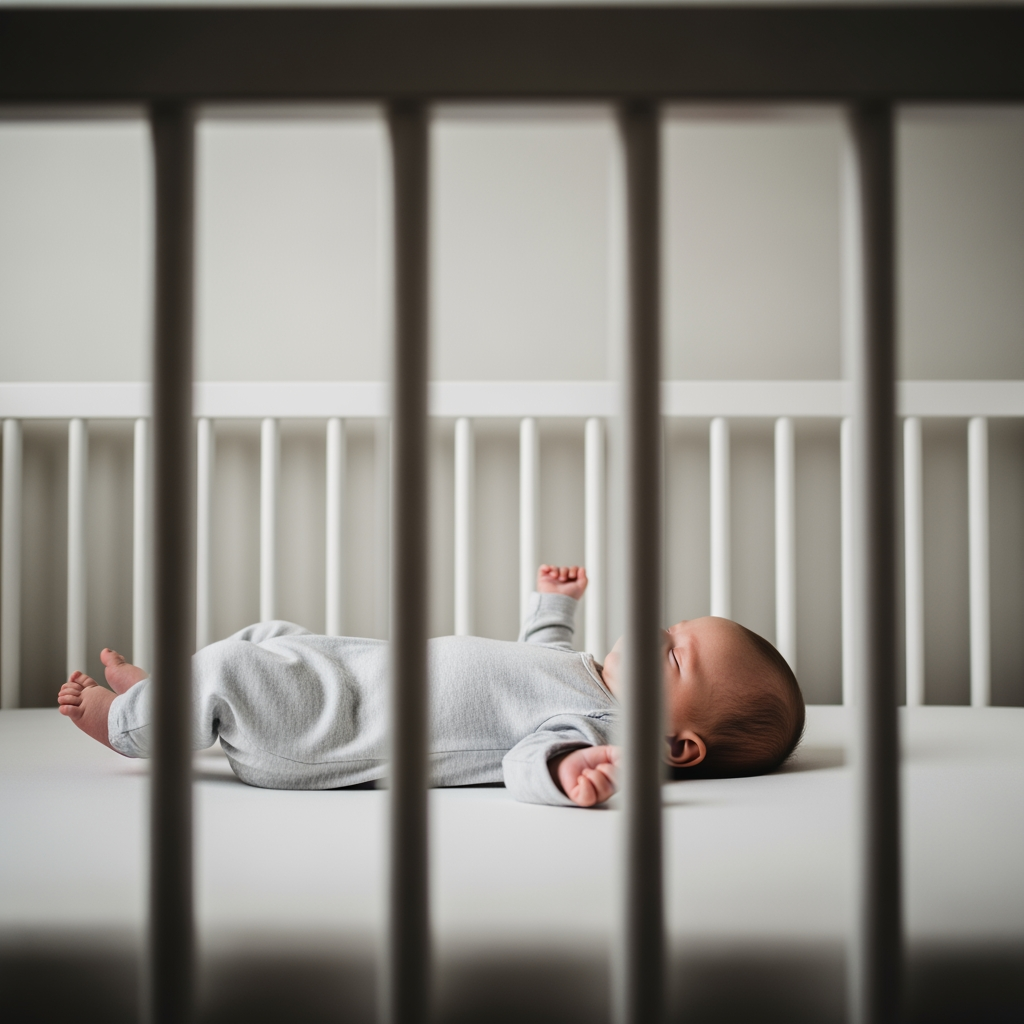A baby sleeping safely on its back in a minimalist crib, illustrating science-backed safe sleep practices.