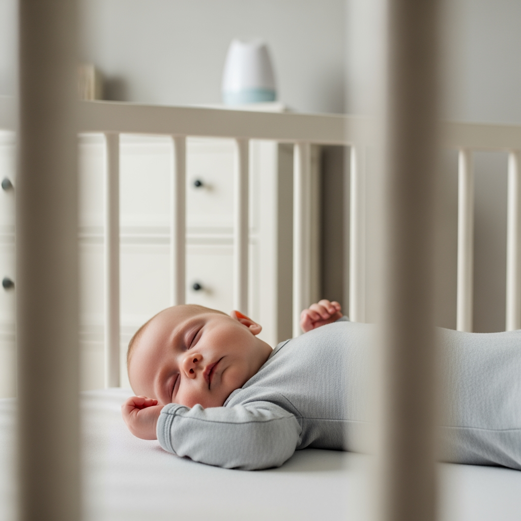 A baby sleeps peacefully in a crib, with the white noise machine visible and safely out of focus in the background.