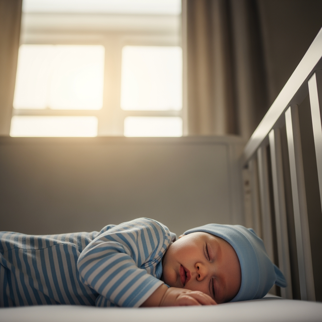 A baby sleeps soundly in their crib as soft morning light fills the room, signifying a successful night's sleep.