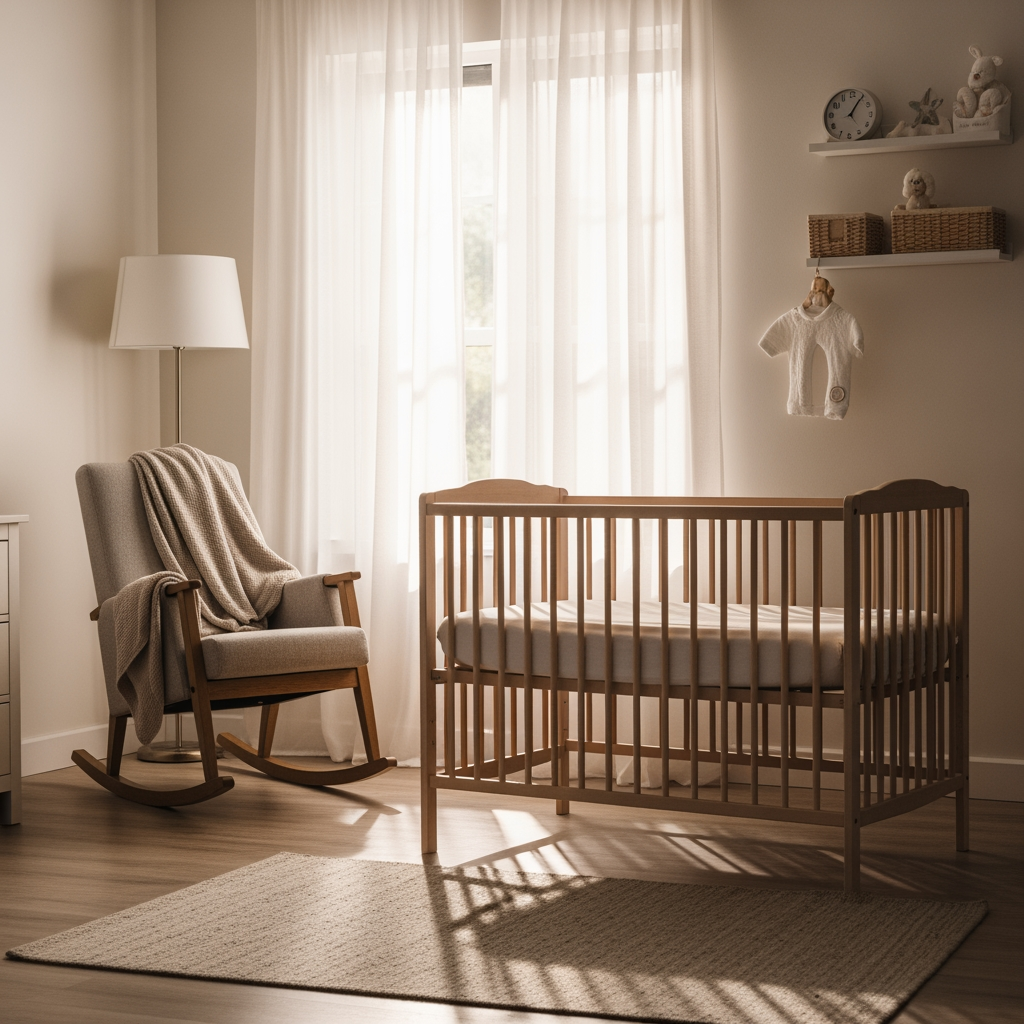 A calm and tidy nursery with an empty crib and a rocking chair, bathed in soft morning light, representing a prepared sleep environment.