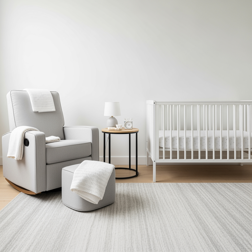 A calm, organized nursery corner with a chair and crib, symbolizing the creation of a gentle sleep plan.