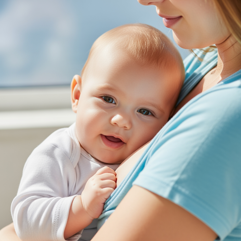 A close-up of a baby contentedly breastfeeding during the day, showing that milk supply remains strong with sleep training.