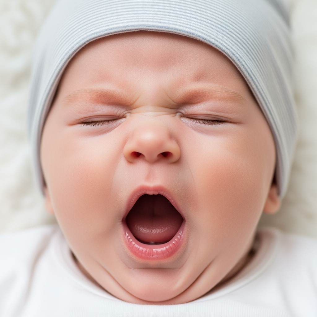 A close-up of a baby's face as they let out a big, sleepy yawn.