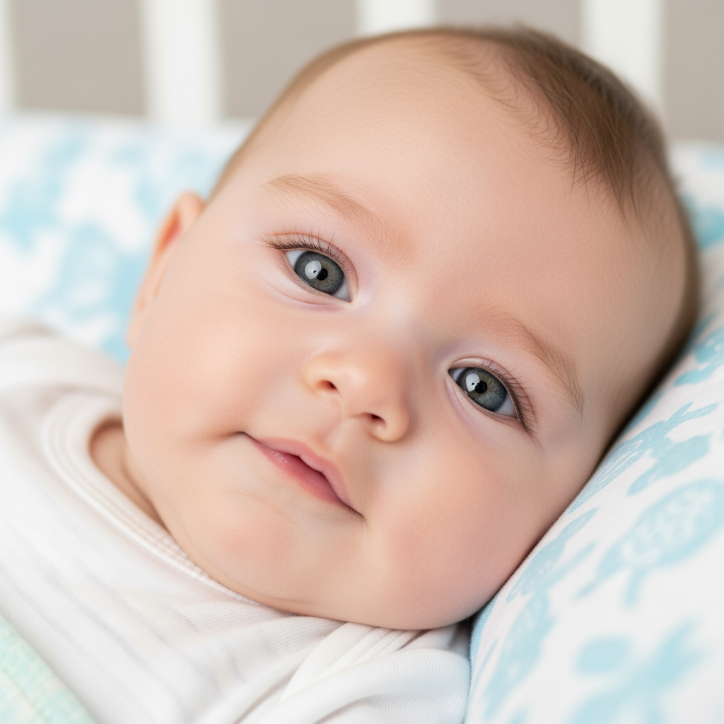 A close-up of a baby's happy and alert face as they lay awake in their crib.