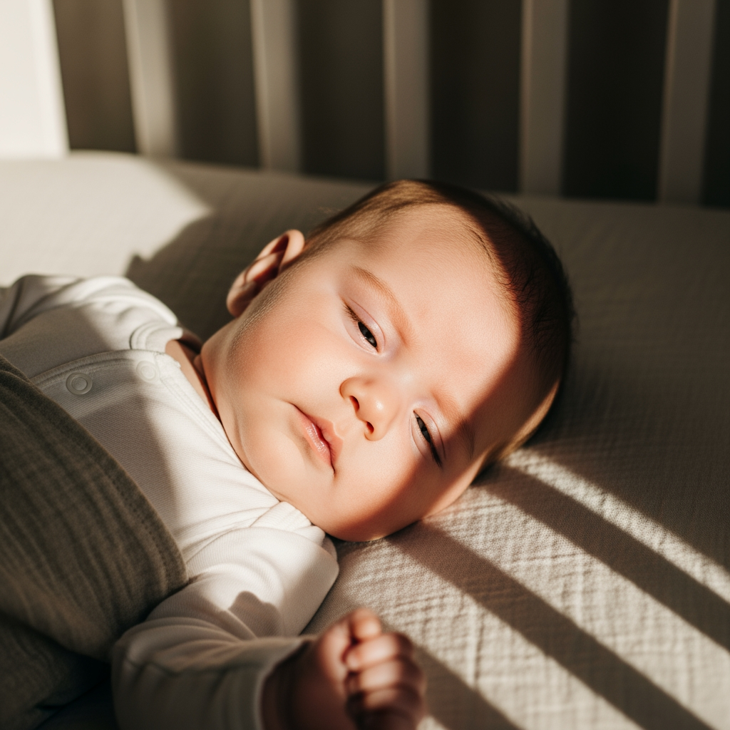 A close-up of a calm baby who has just woken up in their crib, with warm morning light highlighting their face.
