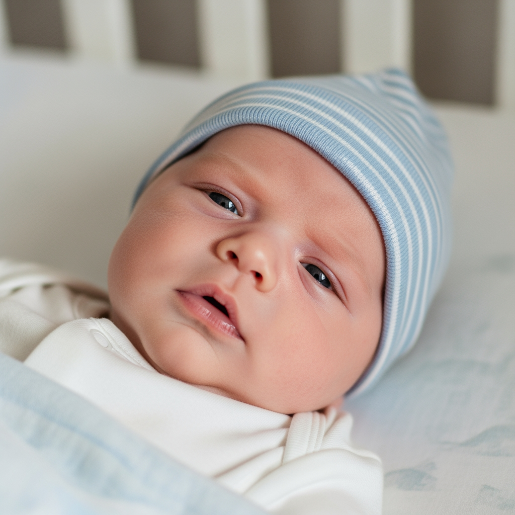 A close-up of a fussy 4-month-old baby lying awake in their crib, looking frustrated.