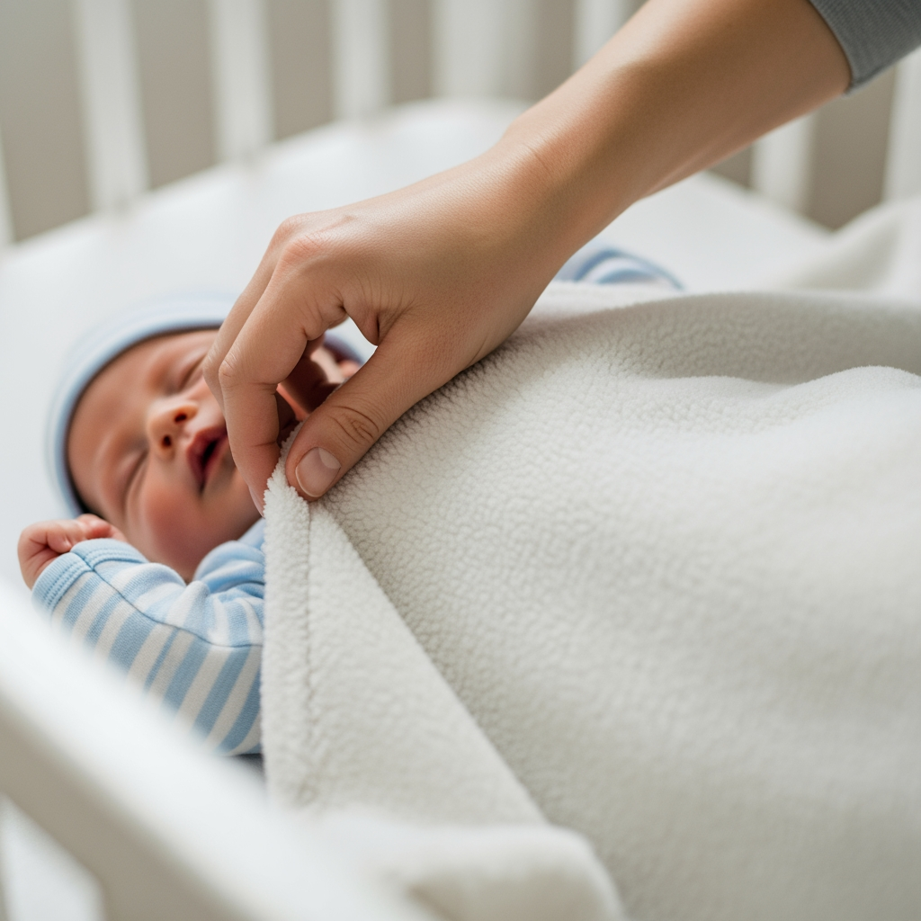 A close-up of a parent's hand gently adjusting a sleeping baby's blanket, representing the caring precision of a sleep solutions app.