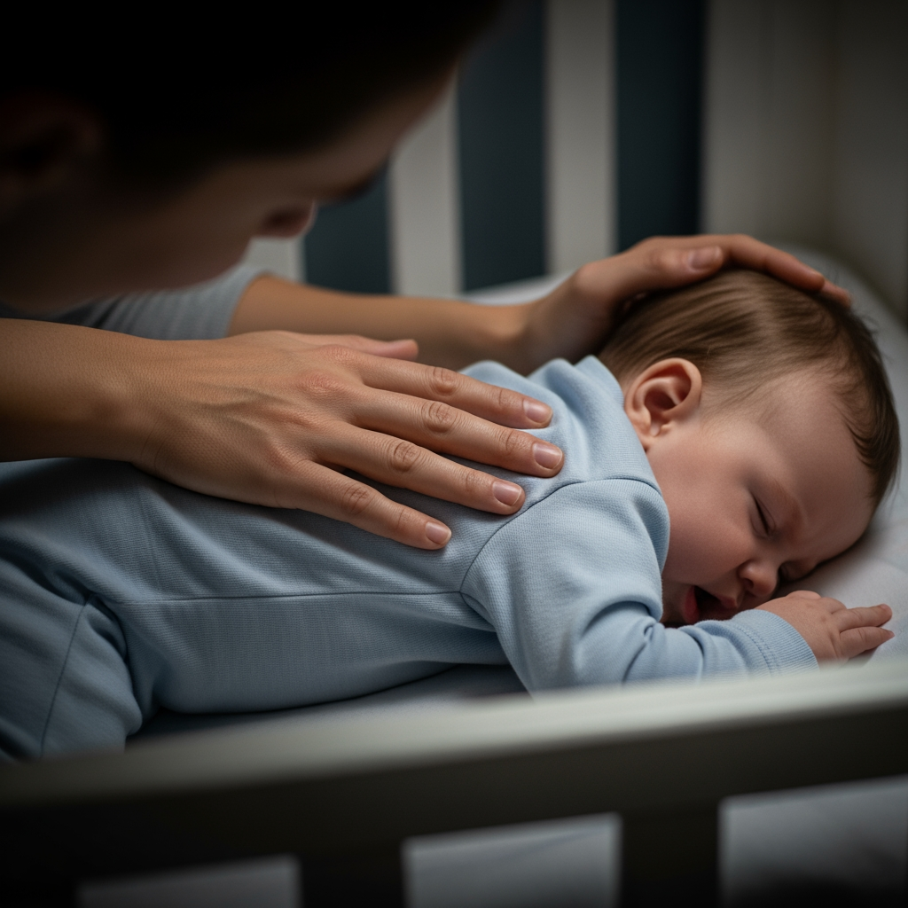 A close-up of a parent's hand gently patting a fussy baby's back in a crib at night.