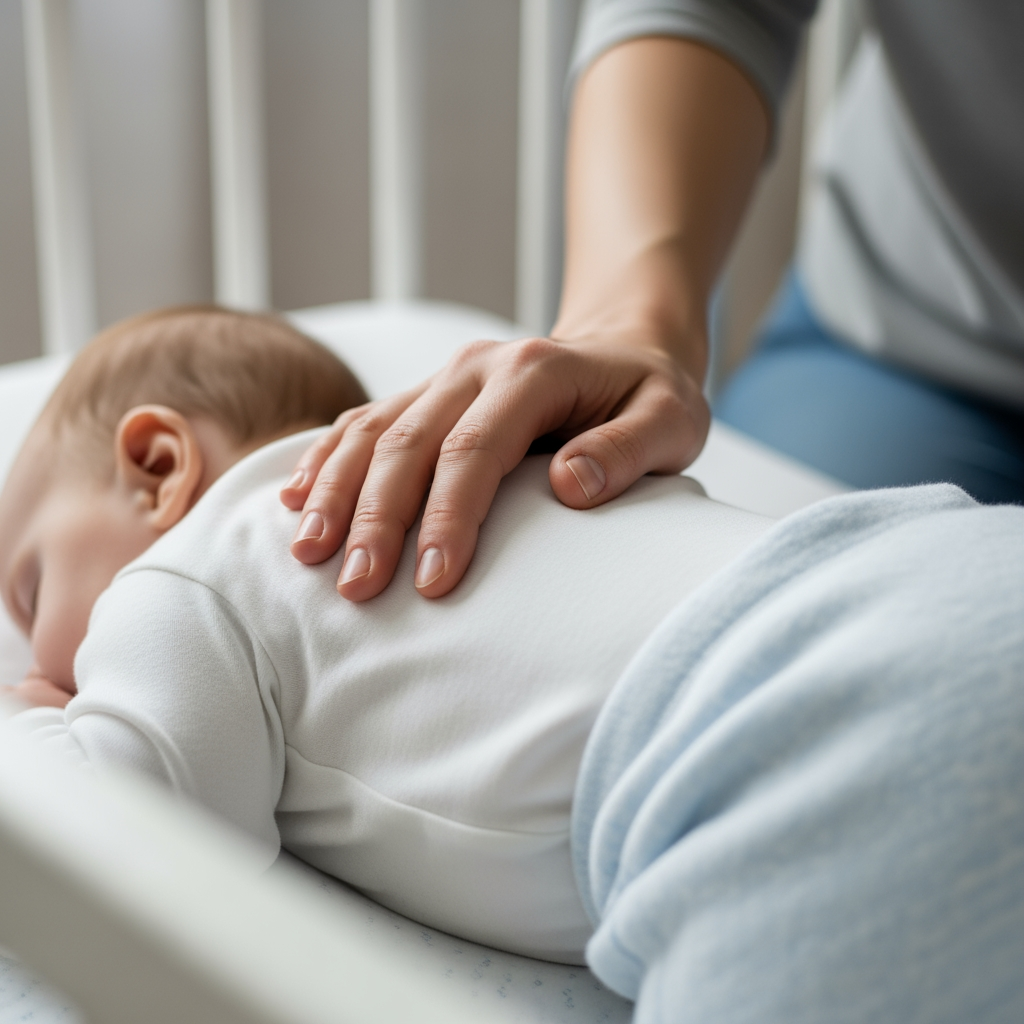A close-up of a parent's hand gently patting the back of a baby lying in a crib to provide comfort.