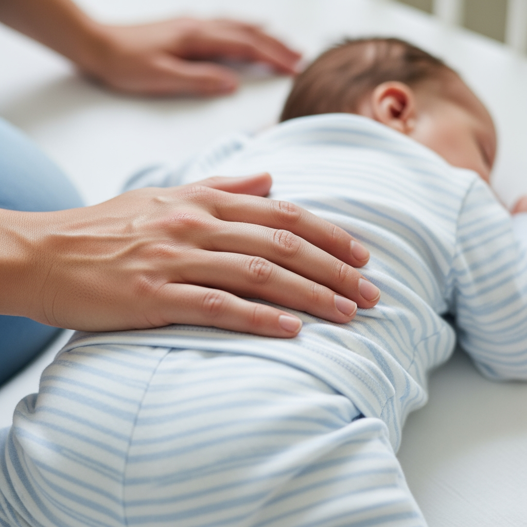 A close-up of a parent's hand gently resting on their sleeping baby's back, representing careful observation.