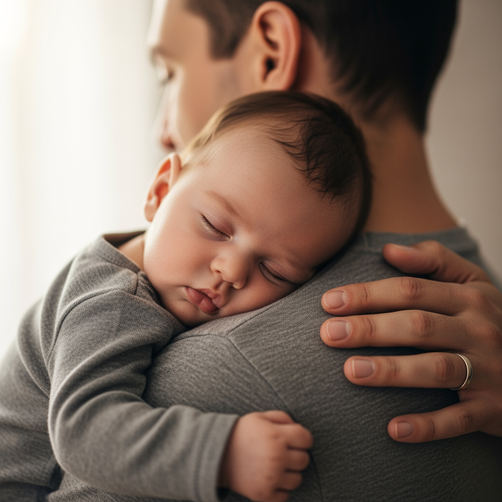 A close-up of a parent's hand resting gently on their peacefully sleeping baby, symbolizing a successful and supportive outcome.