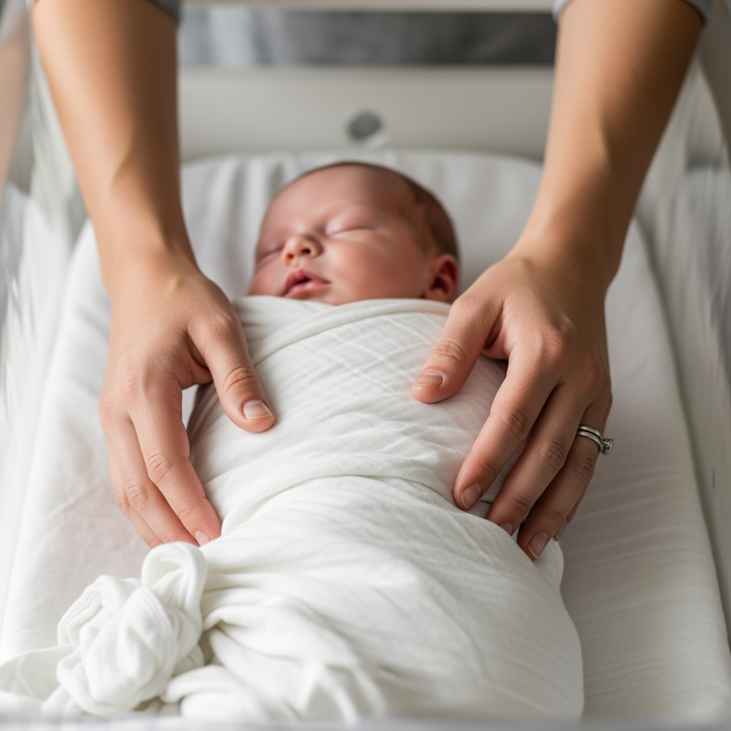 A close-up of a parent's hands gently and carefully lifting a swaddled, sleeping baby out of a bassinet.