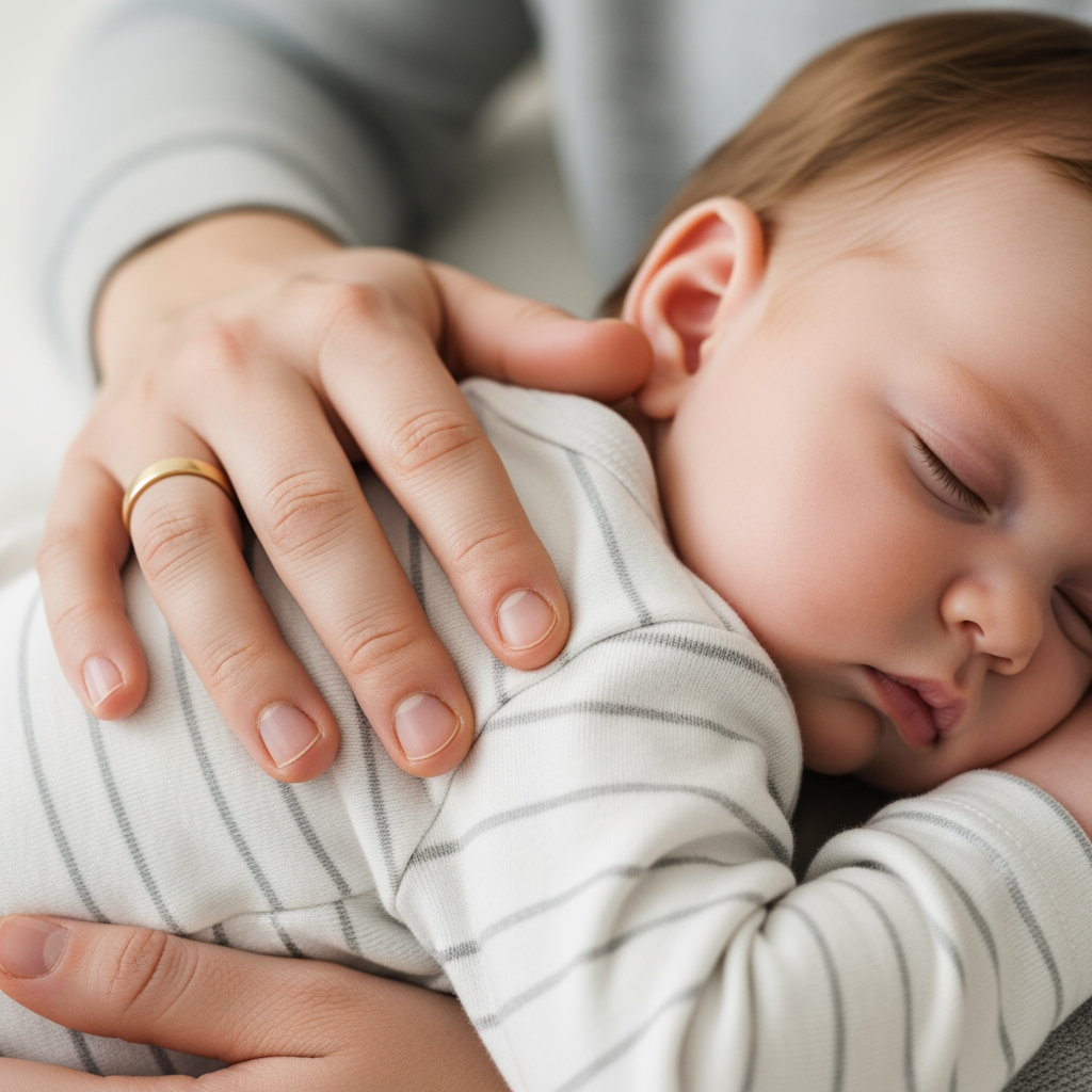 A close-up of a parent's hands gently and lovingly patting their baby's back, symbolizing a gentle parenting style.