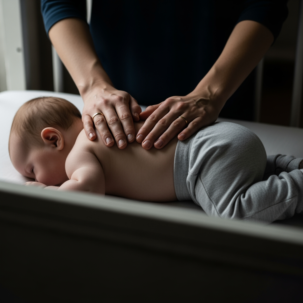 A close-up of a parent's hands gently patting a baby's back in a very dark room.
