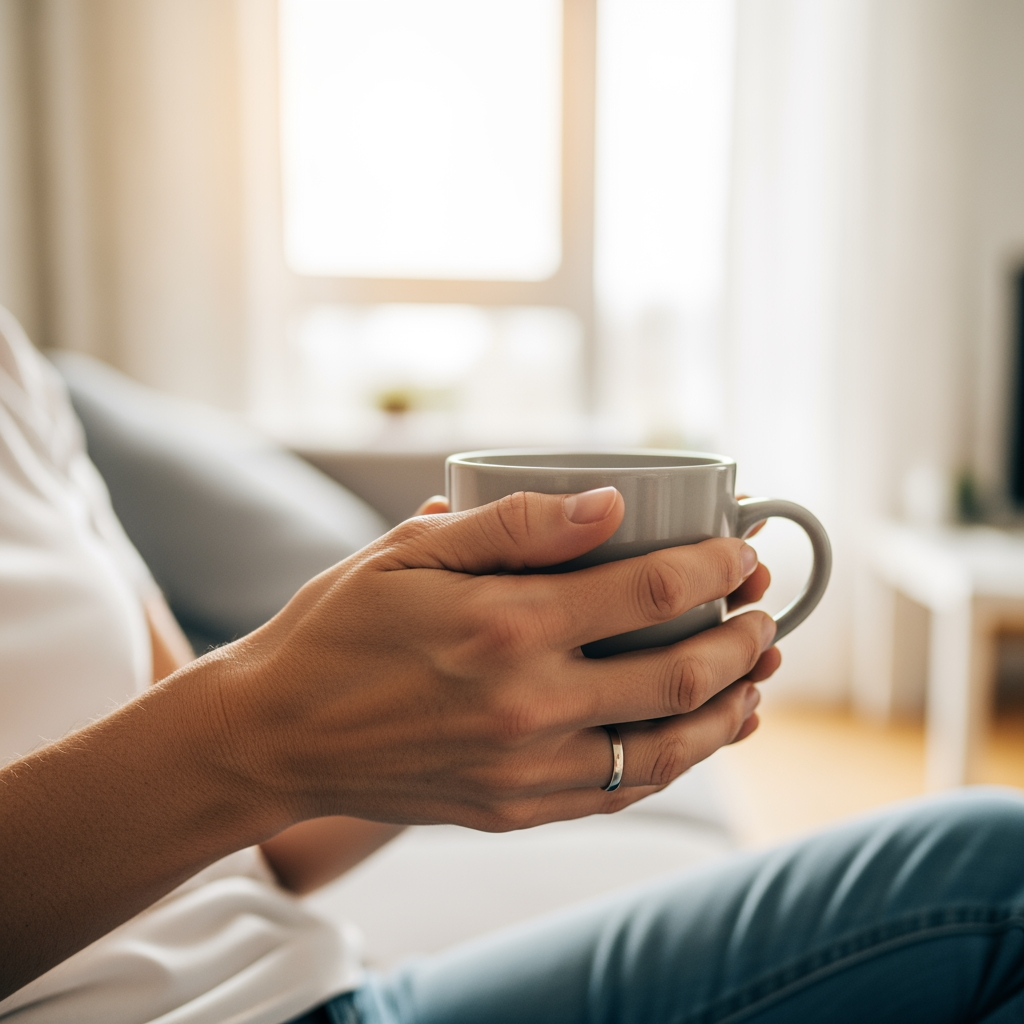 A close-up of a rested person's hands holding a coffee mug in a bright, peaceful home, symbolizing the ROI of better sleep.