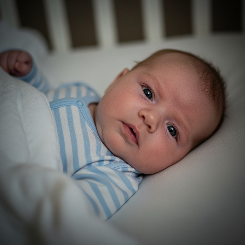 A close-up of a restless 4-month-old baby awake in their crib, showing a sign of sleep regression.