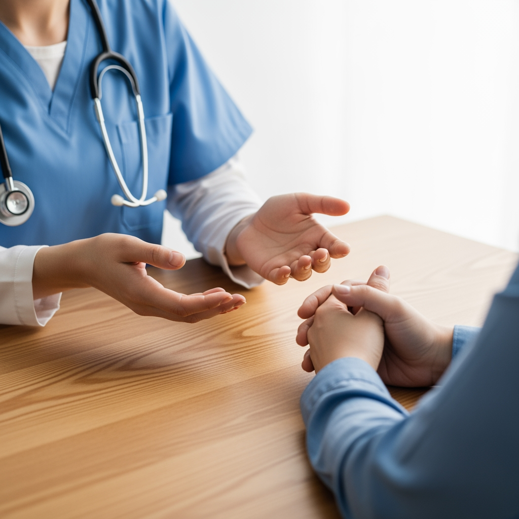 A close-up of a specialist's hands gesturing supportively towards a parent's hands during a consultation.
