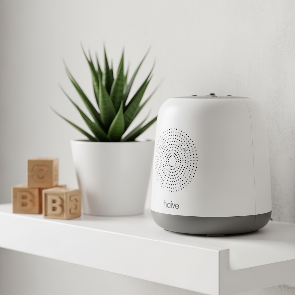 A close-up of a white noise machine placed on a shelf as part of the nursery's decor.