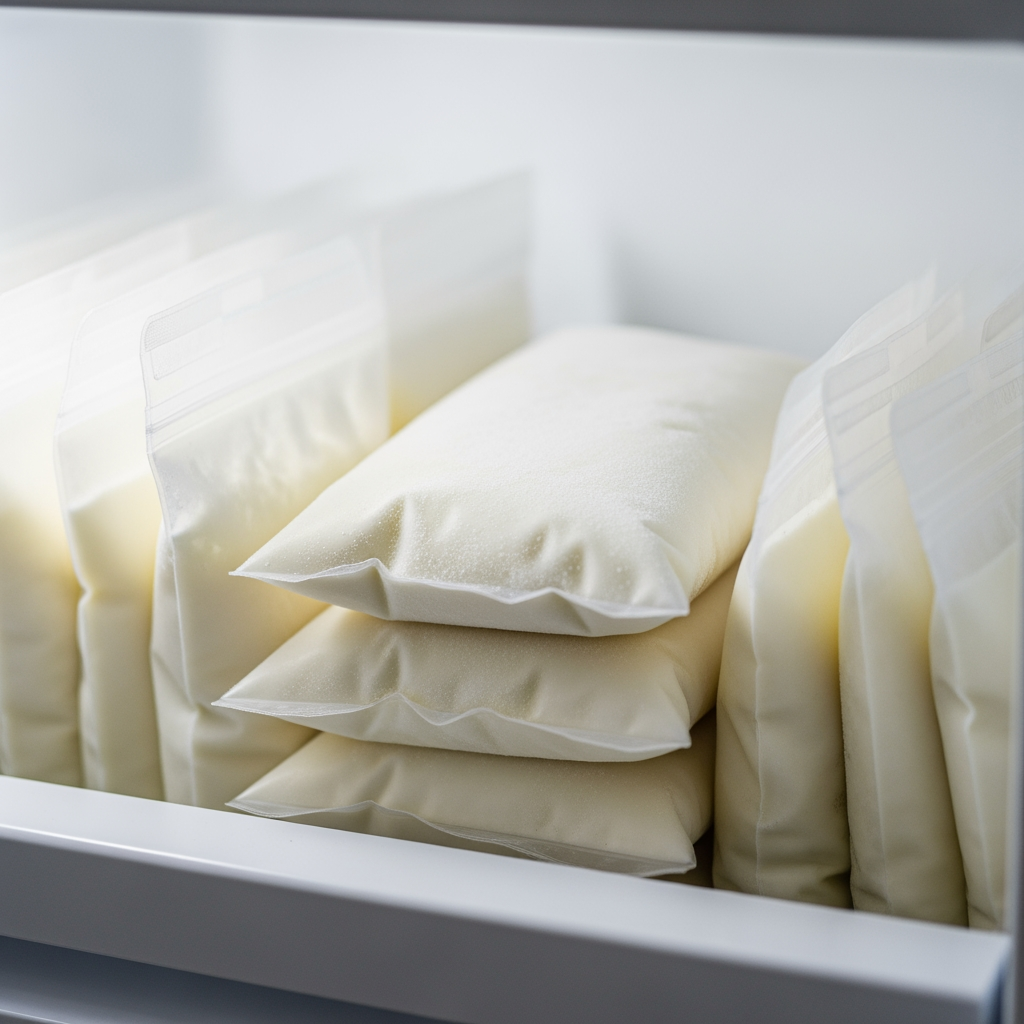 A close-up of neatly stacked and organized frozen breast milk storage bags in a freezer.