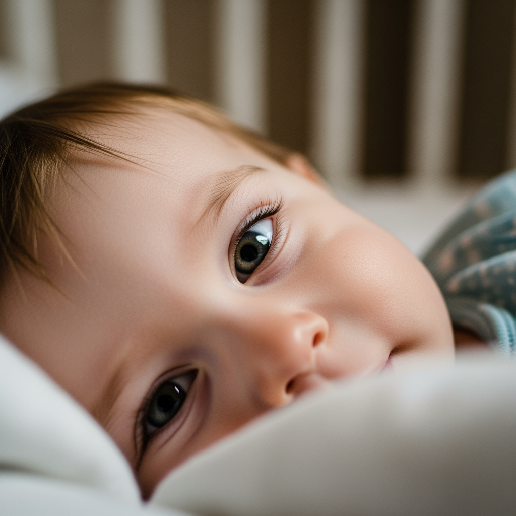 A close-up on a happy and alert toddler's face, with wide eyes, lying in their crib at night.