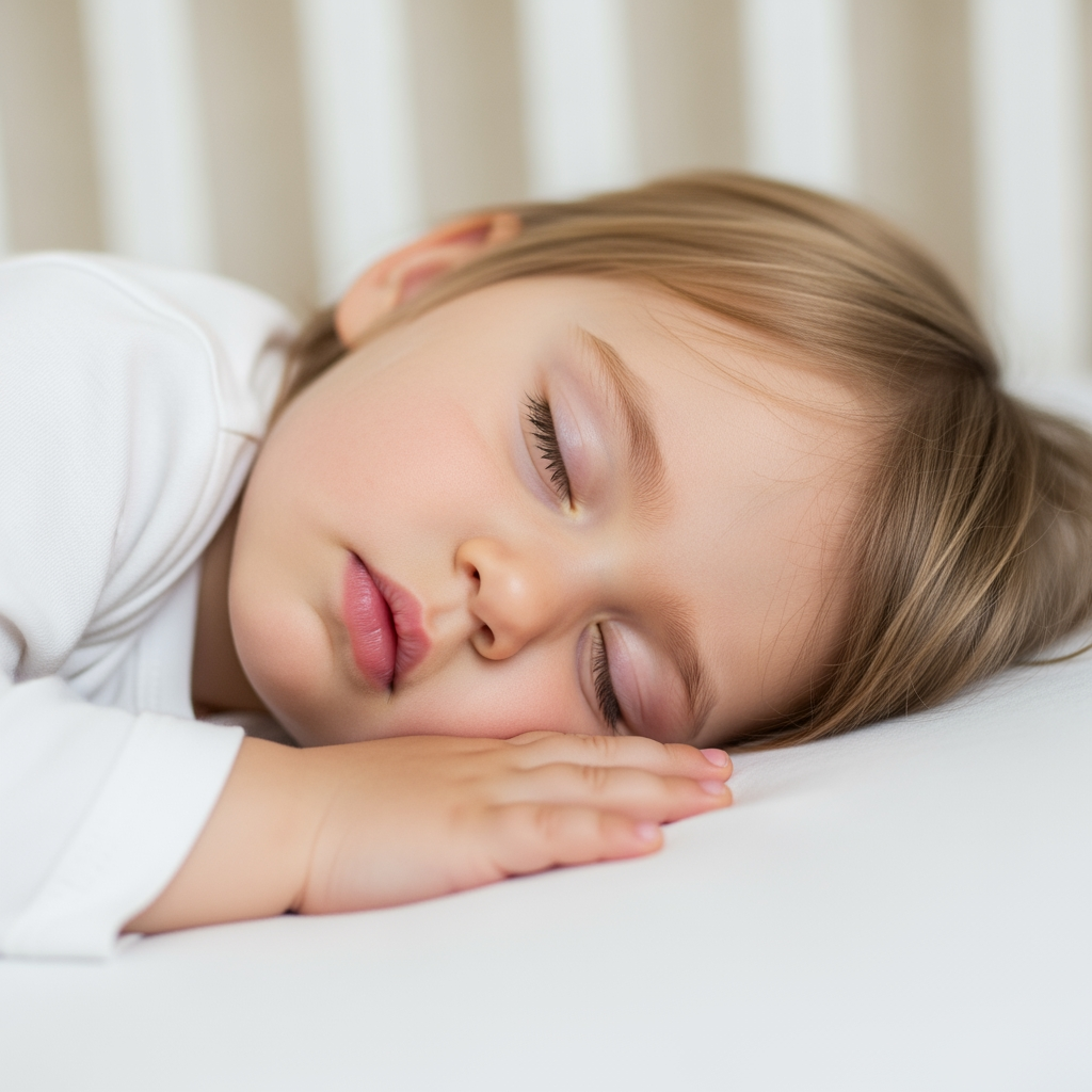 A close-up photo of a toddler sleeping peacefully, their face relaxed and serene.