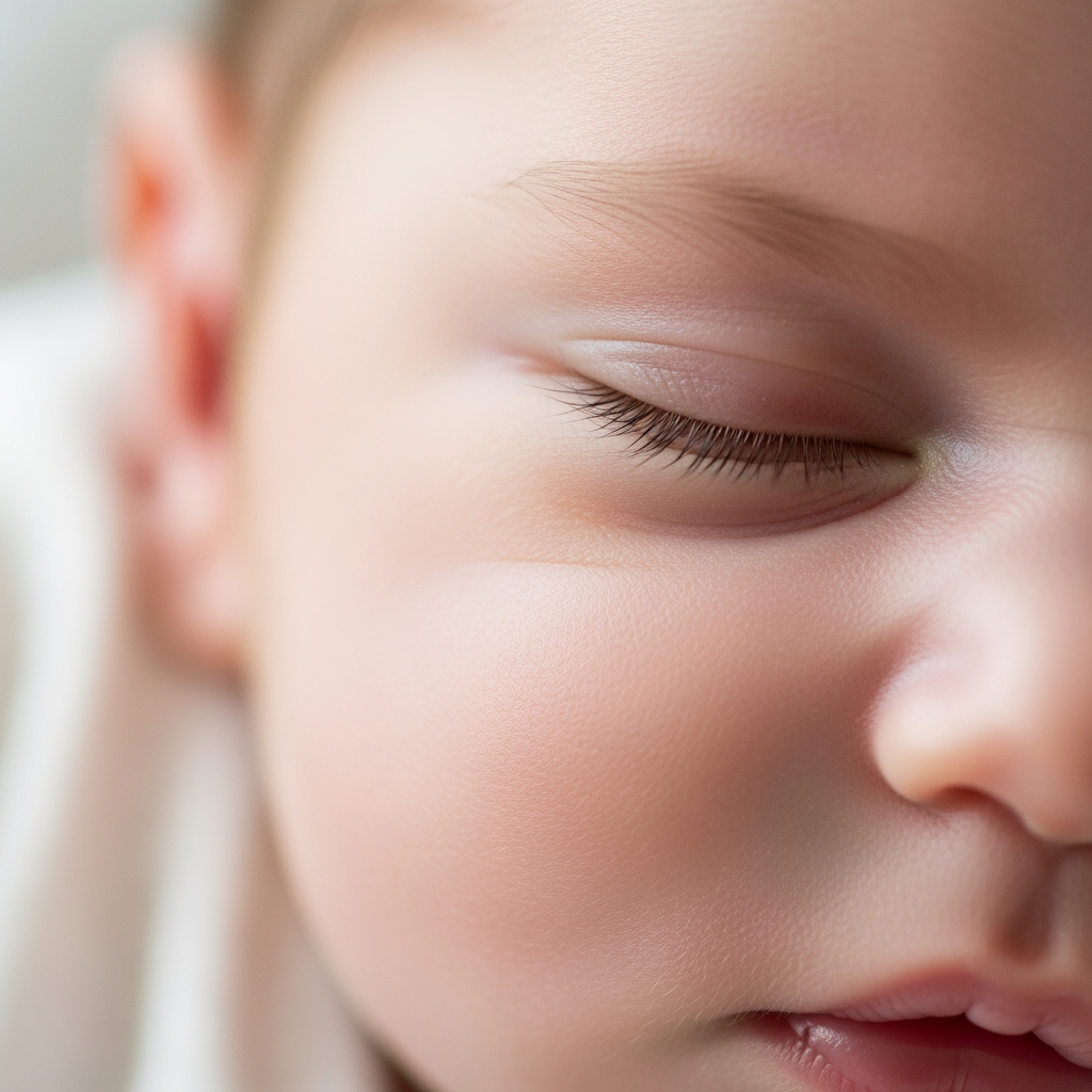 A close-up shot of a baby's serene face while in a deep, peaceful sleep.