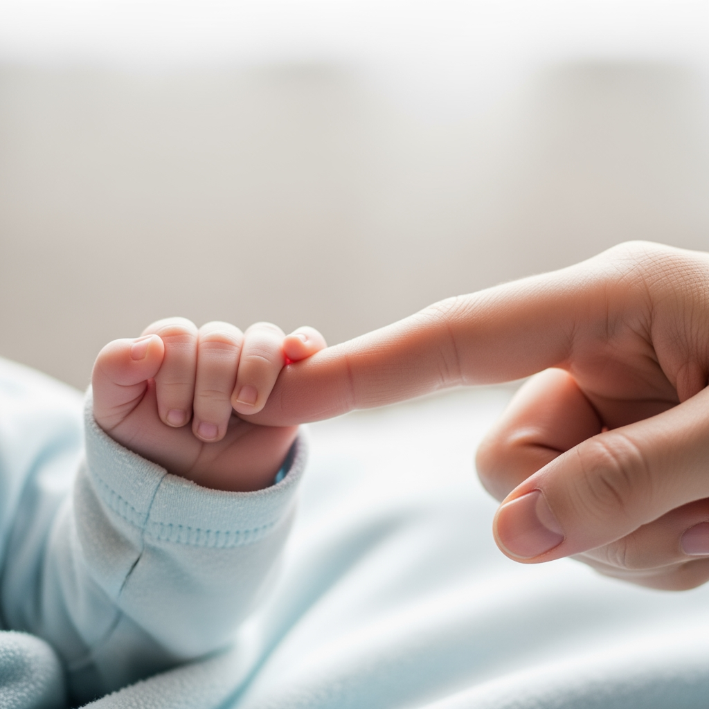 A close-up shot of a baby's small hand holding onto an adult's finger, symbolizing connection and development.