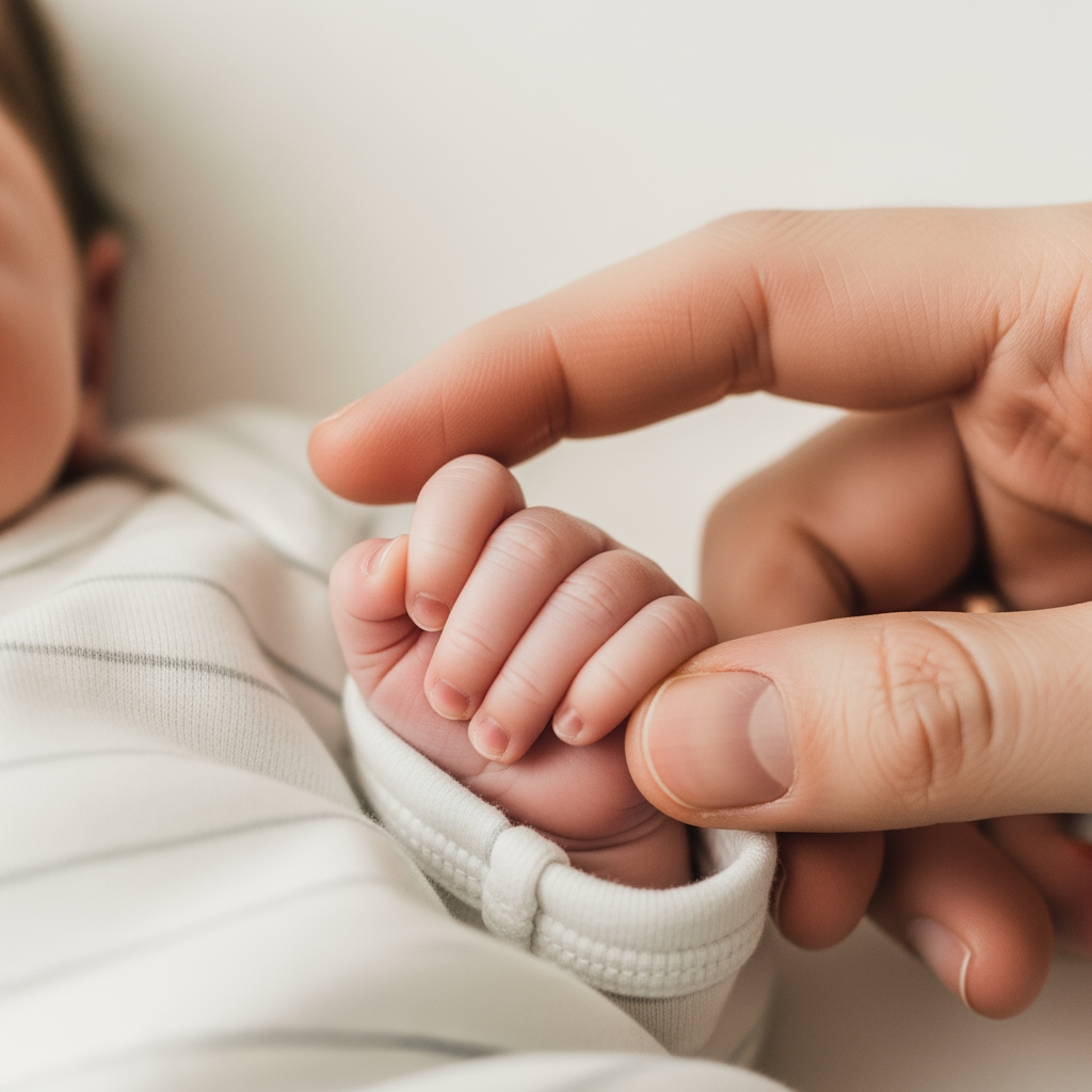 A close-up shot of a newborn baby's hand holding tightly onto a parent's finger.