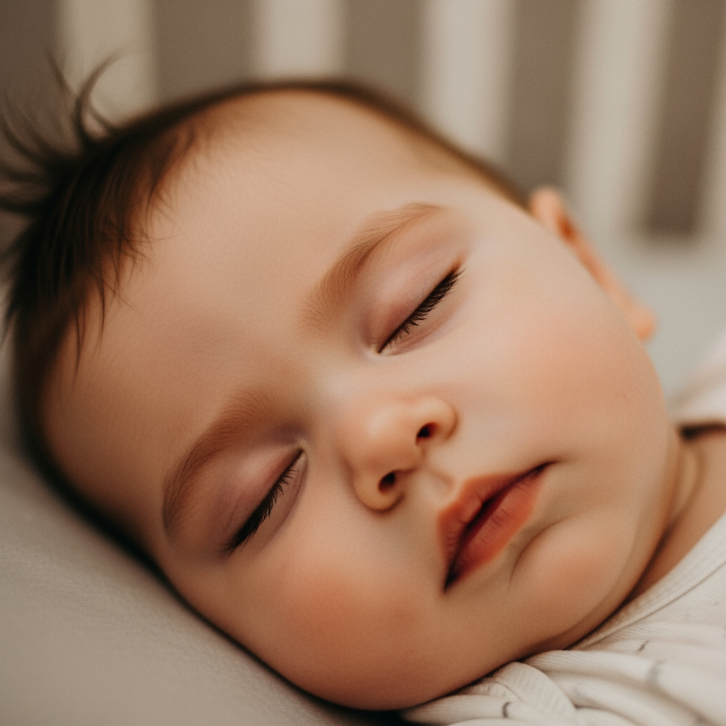 A close-up shot of a one-year-old toddler's face, sleeping peacefully and looking well-rested.