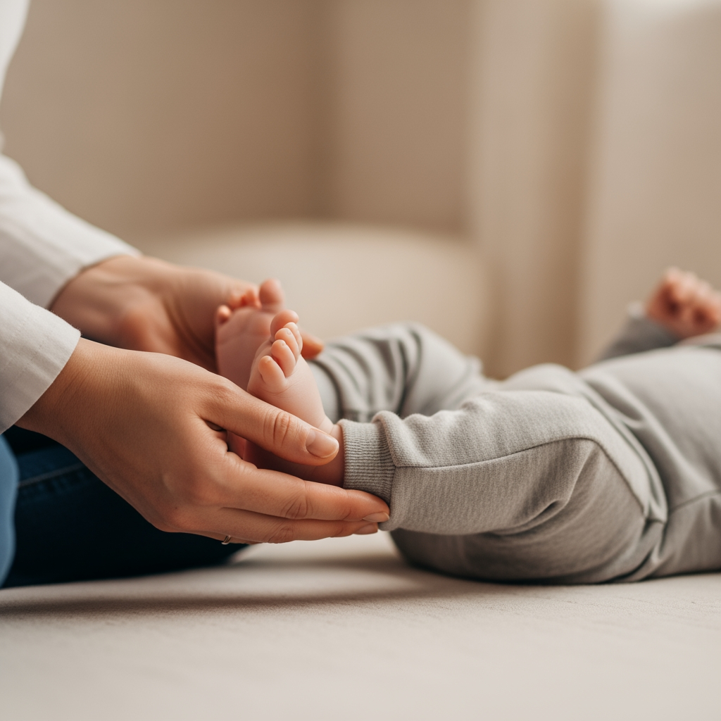 A close-up shot of a parent's hands gently holding their baby's small feet during a calm, pre-nap moment.