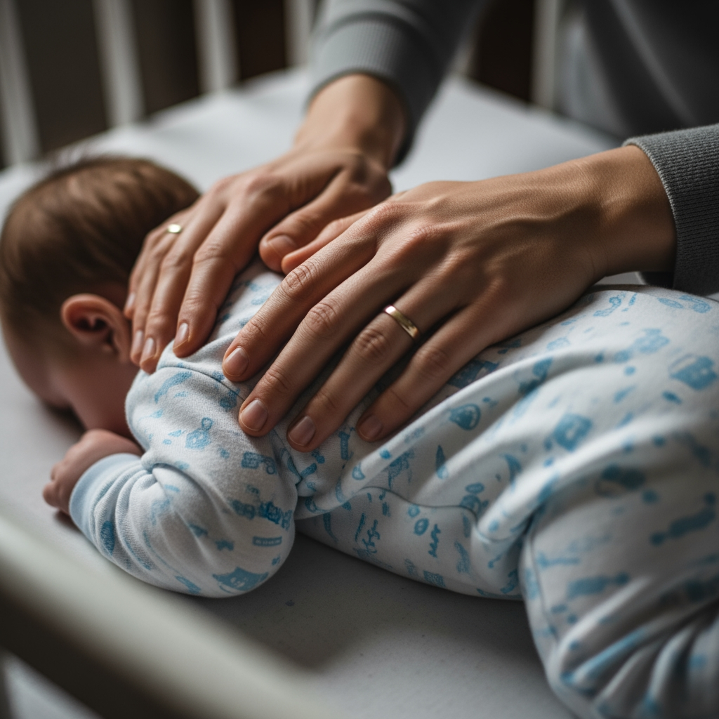 A close-up view of a parent's hands gently patting a baby's back in a crib, conveying a sense of comfort and security.